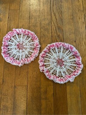 Handmade White and Pink Crochet Doilies - Set of 2